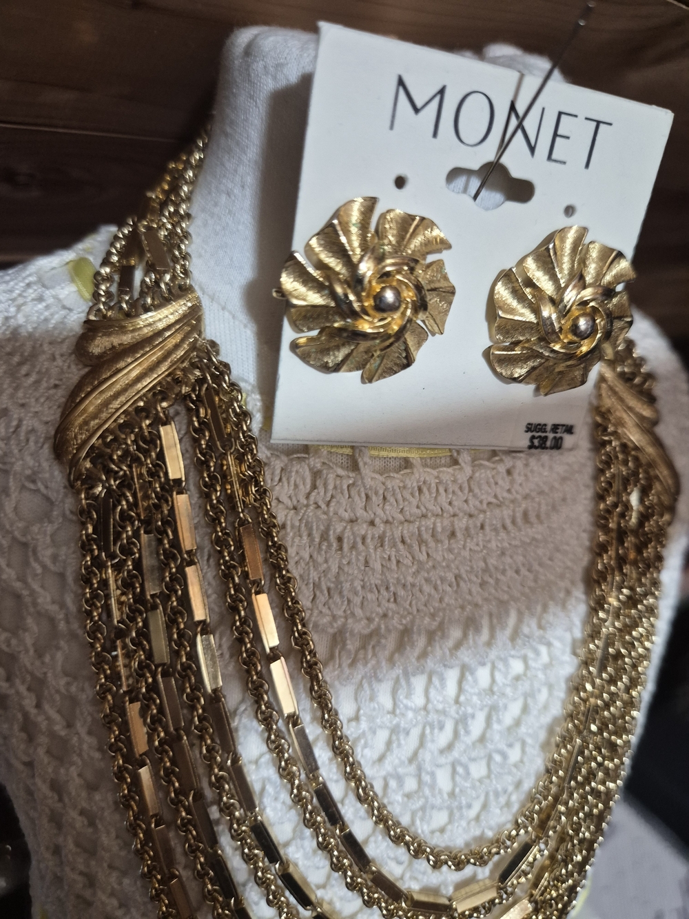 Monet Gold Multi-Strand Chain Necklace with Floral Earrings